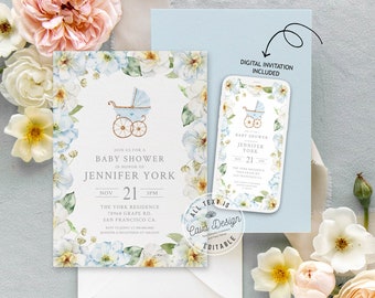 Garden Boy Baby Shower Invitation Template, Blue Floral Baby Shower Invitation, Spring Baby Shower Editable Invitation Download 0350BY