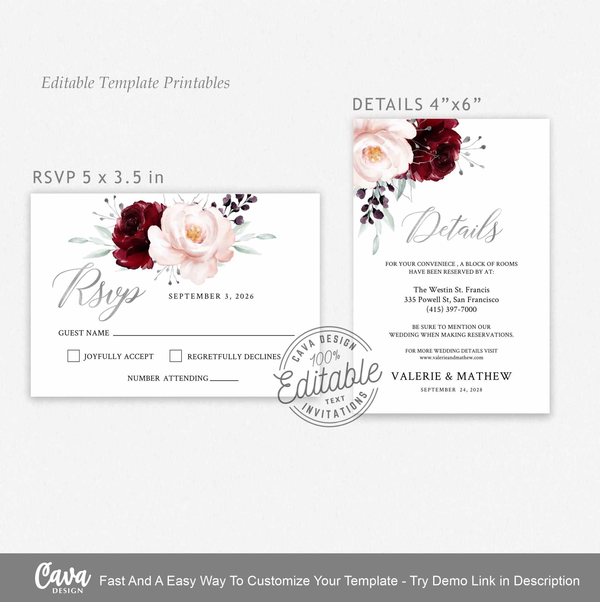 Burgundy Flower Wedding Invitation Set Template Marsala and Etsy Burgundy Flower Wedding Invitation Set Template Marsala and Etsy