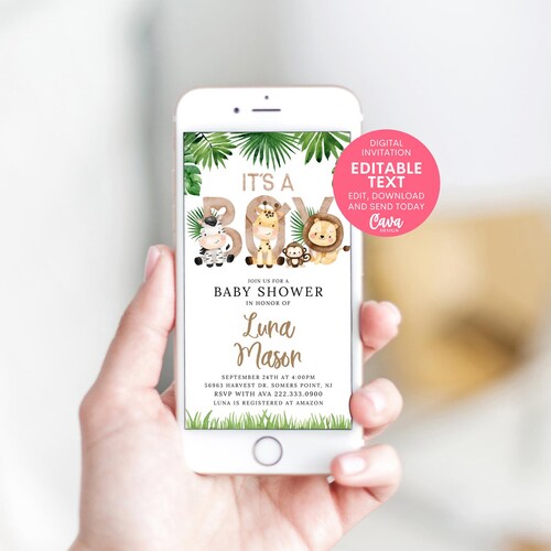 Safari Boy Baby Shower Evite Jungle Smart Phone Invitation Etsy