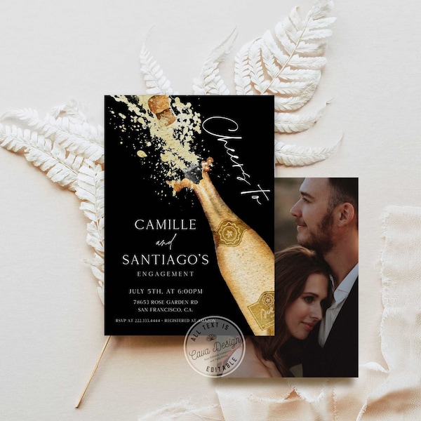 Cheers Couples Engagement Photo Invitation, Champagne Wedding Shower Invitation, Couples Shower Photo Invite, Editable Template WD 222