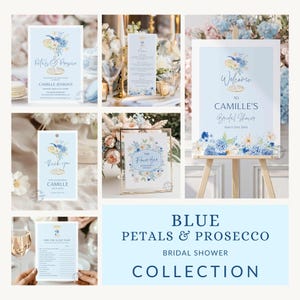 Colección de despedidas de soltera con pétalos y prosecco, invitación para despedida de soltera en tonos azules, invitación para despedida de soltera con champán, paquete para despedidas de soltera con jardín, 0263B