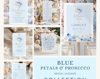 Petals and Prosecco Bridal Shower Collection, Blue Bridal Shower Invitation, Champagne Bridal Shower Invitation, Garden Bridal Bundle, 0263B