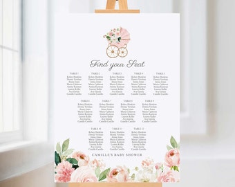 Girl Garden Baby Shower Seating Chart, Pink Flower Baby Shower Seating Sign, Girl Baby Shower Seating Poster Printable Template, 0350GR