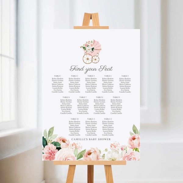 Girl Garden Baby Shower Seating Chart, Pink Flower Baby Shower Seating Sign, Girl Baby Shower Seating Poster Printable Template, 0350GR