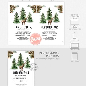 K&ouml;nnte beinhalten: Eine druckbare Einladung zu einer ersten Geburtstagsfeier mit Waldthema. Die Einladung zeigt eine Aquarell-Illustration eines Hirsches in einer Waldlandschaft mit dem Text "Our Little Deer is turning one!" und "Aiden's Birthday" mit Datum und Uhrzeit.