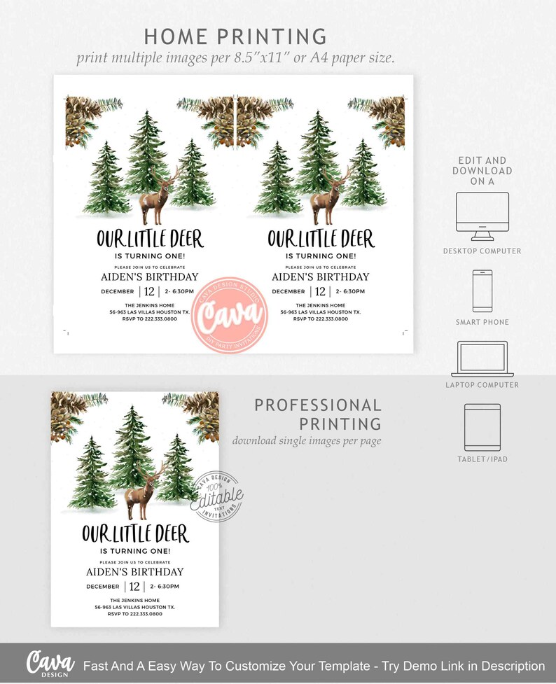 K&ouml;nnte beinhalten: Eine druckbare Einladung zu einer ersten Geburtstagsfeier mit Waldthema. Die Einladung zeigt eine Aquarell-Illustration eines Hirsches in einer Waldlandschaft mit dem Text "Our Little Deer is turning one!" und "Aiden's Birthday" mit Datum und Uhrzeit.