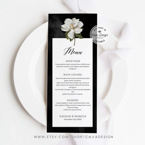 Modèle de Menu de mariage noir et blanc Magnolia, carte de menu pour le dîner de mariage dans le jardin, carte de menu de table botanique, menu imprimable pour aliments à télécharger 112