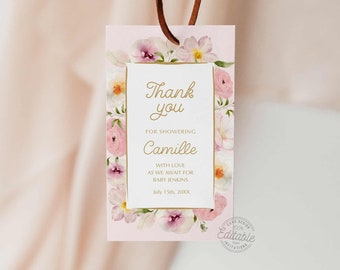 Różowe kwiatowe etykiety z podziękowaniami na baby shower, różowe kwiatowe etykiety z upominkami, etykieta z podziękowaniami na kwiaty ogrodowe, edytowalny szablon etykiet z podziękowaniami WD 239B