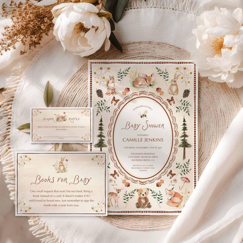 K&ouml;nnte beinhalten: Ein Babyparty-Einladungsset mit Waldthema. Die Hauptkarte hat ein ovales Design mit dem Text "Baby Shower" und Veranstaltungsdetails. Es gibt auch Karten f&uuml;r eine Windel-Tombola und B&uuml;cher f&uuml;r Babys. Das Design umfasst Illustrationen von Waldtieren.