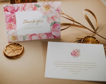 Dankeskarten, rosa Blumen-Dankekartenvorlage, leuchtend rosa Blumen-Brautparty-Dankeskarte, Dankeskarte-Sofort-Download, WD 0271