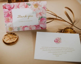 Thank You Cards, Pink Floral Thank Card Template, Bright Pink Floral Bridal Shower Thank You Card, Thank You Card Instant Download, WD 0271