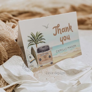 Plage bébé douche carte de remerciement, modèle de carte de remerciement Boho Beach, carte de remerciement imprimable Surf Baby Shower, plage anniversaire 0293GN