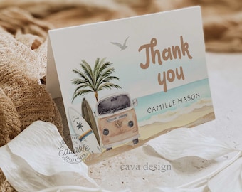 Karta z podziękowaniami na plażowy baby shower, szablon karty z podziękowaniami boho beach, karta z podziękowaniami do druku na plażowy baby shower, urodziny na plaży 0293GN