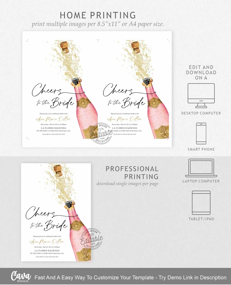May include: A printable bridal shower invitation template featuring a pink champagne bottle with a gold cork popping and sparkling. The text "Cheers to the Bride" is written in a script font. The invitation includes the bride's name, the date and time of the event, and the location. The template is available for download on a desktop computer, laptop, tablet, or smartphone.