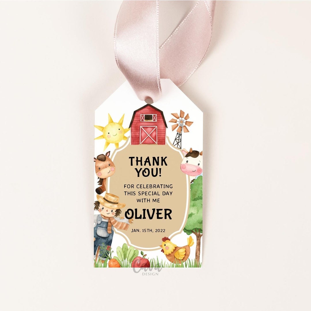 Editable Farm Birthday Favor Tag, Farm Animal Thank You Tag, Red Barn ...