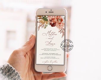 Fall Boho Electronic Wedding Invitation, Boho Flower Wedding Invitation Digital Invitation, Rustic Fall Wedding Evite, 0343