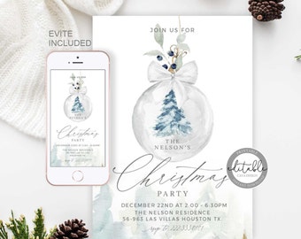 May include: A Christmas party invitation with a watercolor design. The invitation features a clear ornament with a blue Christmas tree inside, a white bow, and the text "Christmas Party". A smartphone displays the Evite version.