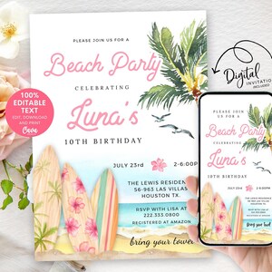 Puede incluir: Una invitación digital para una fiesta en la playa celebrando el décimo cumpleaños de Luna. La invitación presenta una ilustración de acuarela de palmeras, tablas de surf y gaviotas. El texto de la invitación dice: "Por favor, únase a nosotros para una fiesta en la playa celebrando el décimo cumpleaños de Luna. 23 de julio, de 2:00 p. m. a 6:00 p. m. The Lewis Residen 56-963 Las Villas Houston TX. RSVP con Lisa al 222.333.0800. Registrado en Amazon. Traiga su toalla."