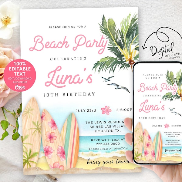 Editable Girl Beach Birthday Party Invitation, Digital Invitation Pool Birthday Invitation Template, Surfer Invitation Template, BSG_0293