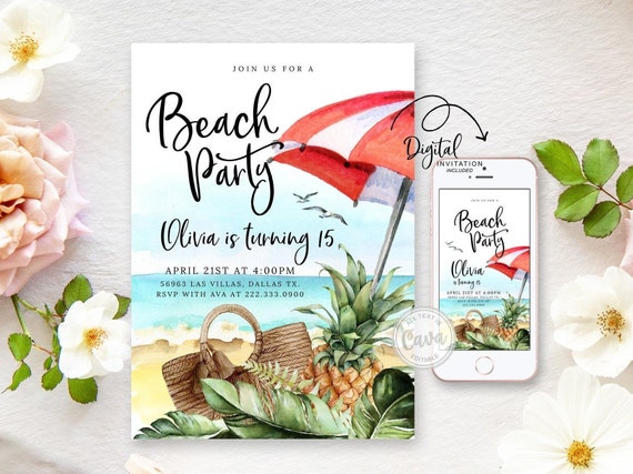 Beach Birthday Party Invitation, Girl Birthday Tropical Invitation, Summer Pool Party Invite, Beach Pool Birthday Invitation Printable, 0326