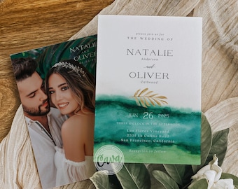 Tropical Wedding Invitation Template, Beach Wedding Photo Invitation Printable, Palm Leaves Destination Wedding Printable Invitation 0116