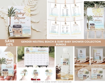 Gender Neutral Beach Baby Shower Invitation Bundle |  Boho Beach Baby Shower | Boy Baby Shower Editable Invite | Ocean Baby Shower 0293GN