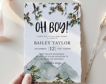 May include: A baby shower invitation with a watercolor illustration of mountains and pine trees. The text reads "OH BOY!" and includes the name "Bailey Taylor", the date "December 12", the time "2:00 - 6:30PM", the location "The Taylor Residence", the address "56-963 Las Villas Houston TX", the RSVP number "222.333.0800", and the website "registered on amazon".