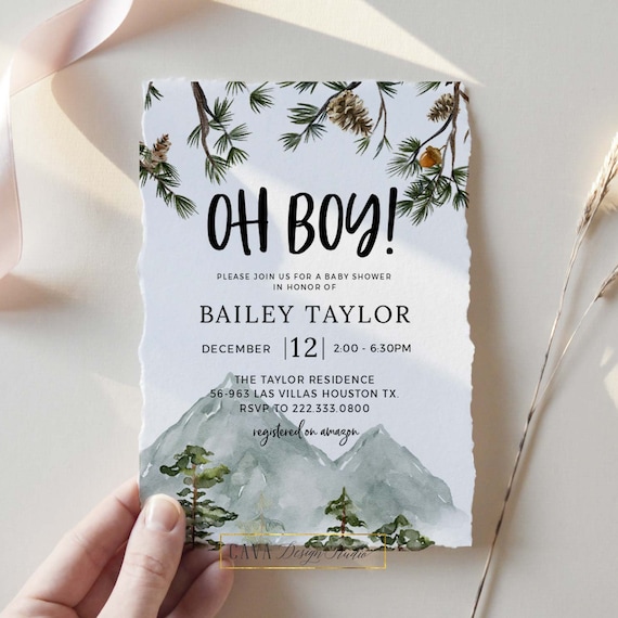 Oh Boy Baby Shower Invitation, Woodland Invitation Template, Forest Winter Invitation, Editable Invitation Template, Digital Download, 0311