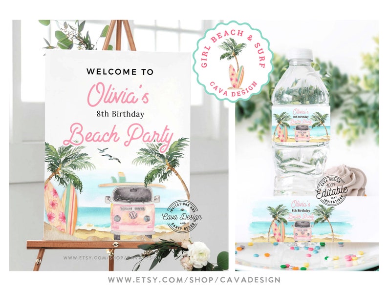 Girl Beach Birthday Party Invitation Bundle, Girl Summer Birthday Invitation Set, Birthday Milestone, Editable Printable Templates, BSG 0293 image 3