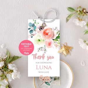 Summer Garden Flower Baby Shower Favor Tags, Printable Baby Girl Baby Shower Gift Tags, Editable Thank you tag Template 0217