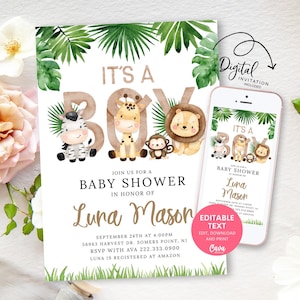 Editable Boy Safari Baby Shower Invitation, Its a Boy Baby Shower Invitation Template, Jungle Baby Shower Invitation Template 0338SBY
