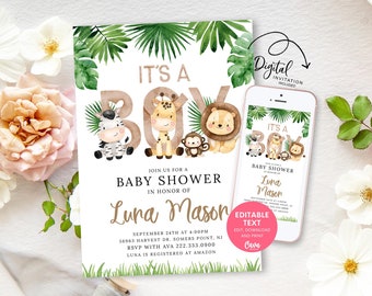 Editable Boy Safari Baby Shower Invitation, Its a Boy Baby Shower Invitation Template, Jungle Baby Shower Invitation Template 0338SBY