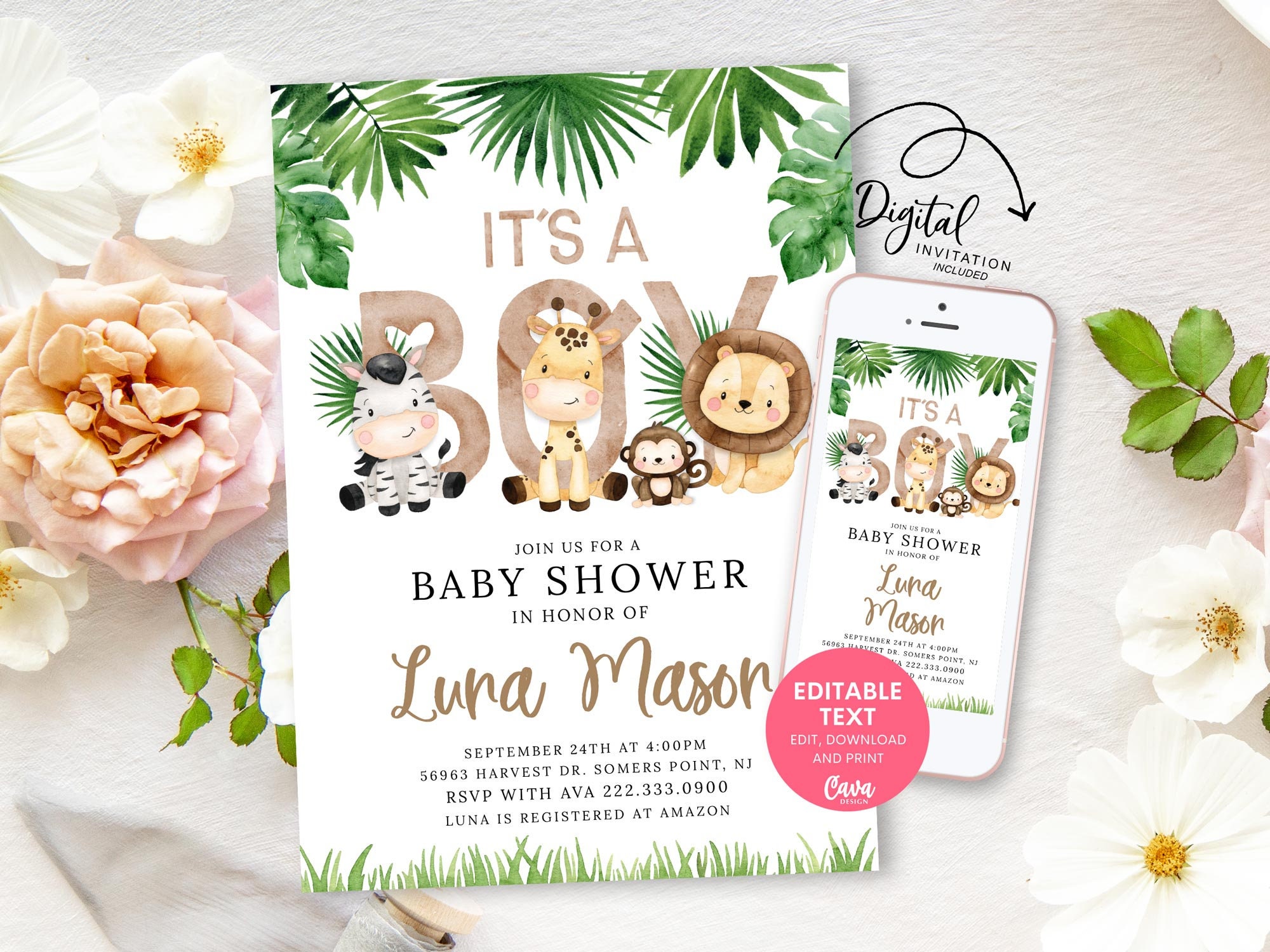 Editable Boy Safari Baby Shower Invitation, Its a Boy Baby Shower Inv…