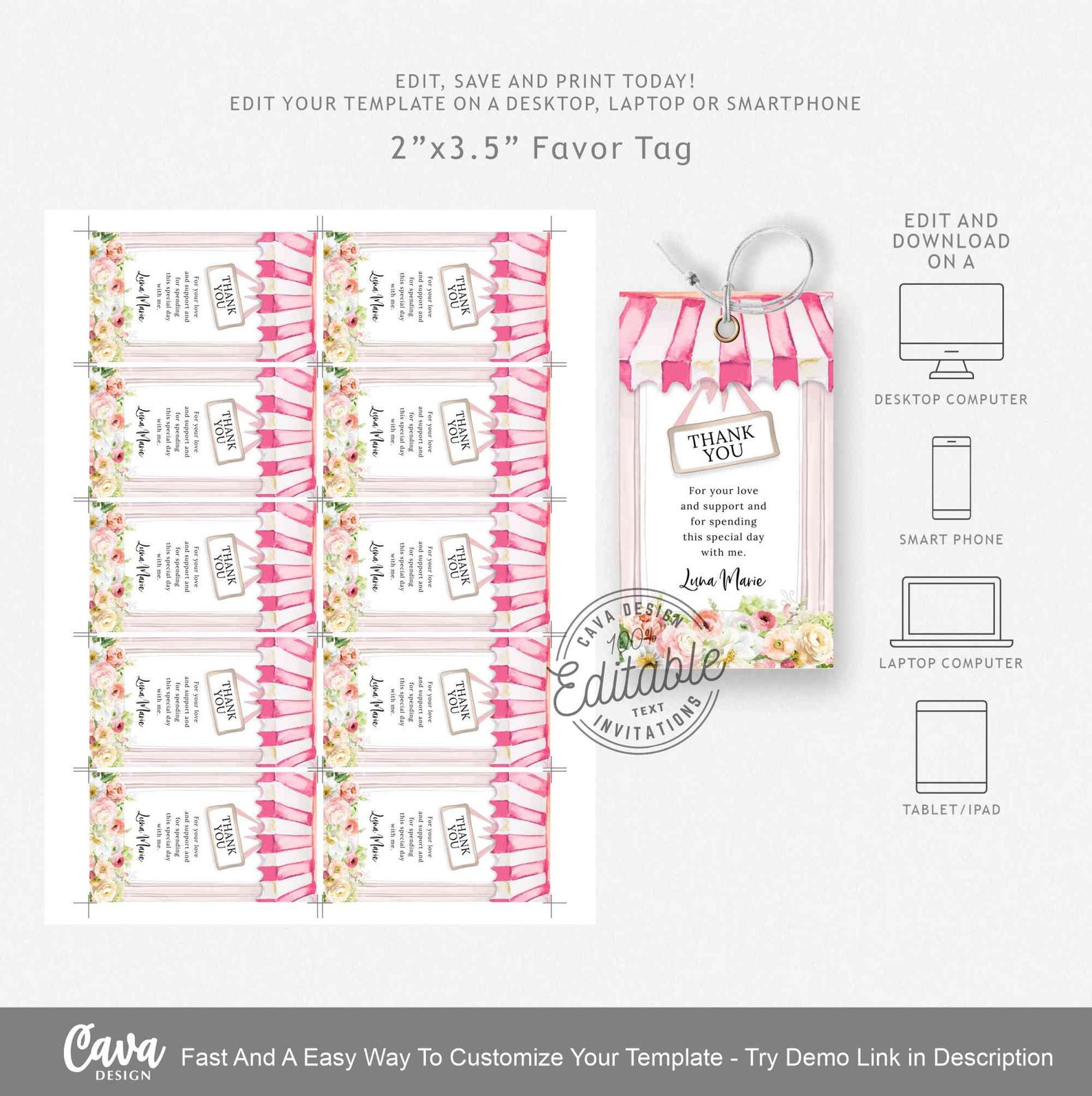 Girl Garden 1st Birthday Favor Tag Template Printable Floral - Etsy