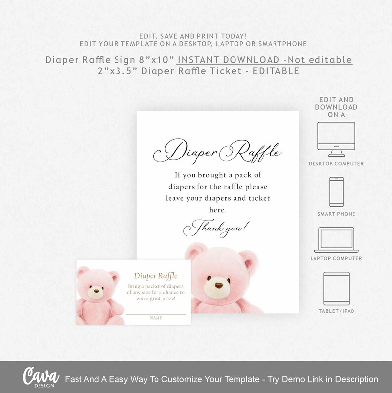 Pink Diaper Raffle Sign Diaper Raffle Sign and Ticket, Pink Bear Baby Shower Sign, Bear Diaper ...