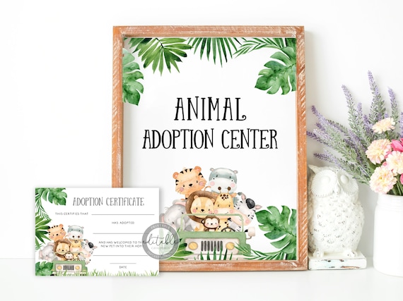 Jungle-Themed Adopt a Pet Certificate, First Wild One Birthday Signs, Safari Birthday Party Animal Adoption Center Printable Files 238G