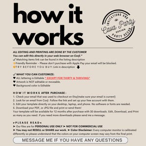 May include: A how-to guide for editing and printing digital templates. The text explains that all editing and printing are done by the customer and that the templates can be edited in a web browser using Corjl. The text also includes a friendly reminder to not purchase with Apple Pay and to try before you buy. The text also explains how to customize the templates and how to download and print them.
