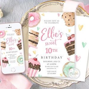 Faire-part d'anniversaire de cuisson modifiable, invitation d'anniversaire doux, cupcake party, invitation d'anniversaire de donut, invitation d'anniversaire de fille, 0327