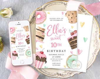 Invitation modifiable de fête d’anniversaire de cuisson, invitation d’anniversaire douce, fête de cupcake, invitation d’anniversaire de beignet, invitation d’anniversaire de fille, 0327