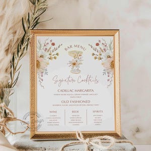 Menú de bar de bodas de flores silvestres de otoño, menú de bebidas boho, letrero de bar, cócteles exclusivos de boda, cóctel de boda, plantilla de menú de bar - WD 0282