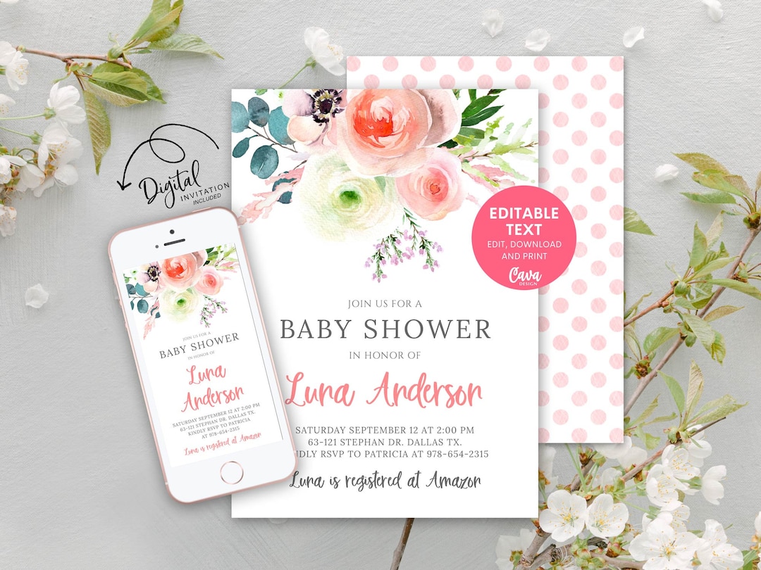 Editable Girl Pink Flower Baby Shower Invitation, Summer Baby Shower