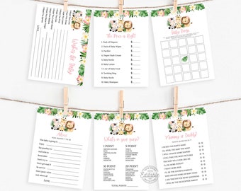 May include: Eight printable baby shower game cards featuring jungle animal illustrations. The games include "What's in your purse?", "Mommy or Daddy?", "Advice for Mommy to Be", "Baby Bingo", "Wishes for Baby", and "The Price is Right".