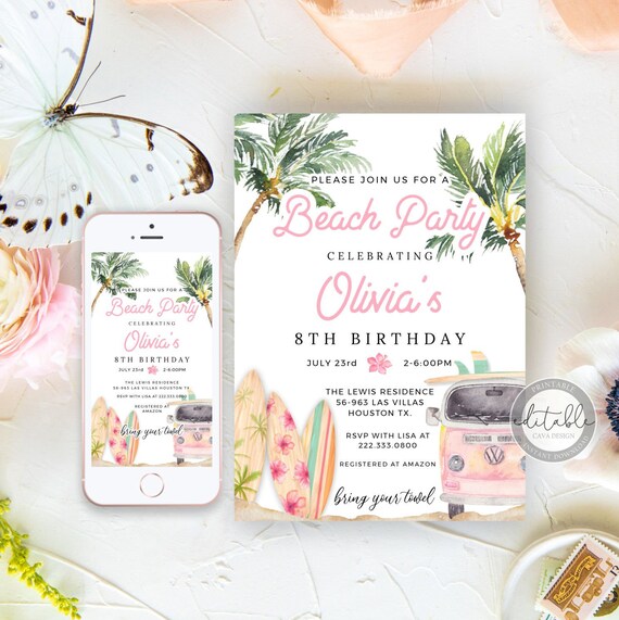 Girl Beach Party Birthday Invitation Evite Ocean Birthday Etsy