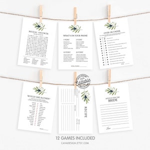 May include: Twelve printable bridal shower games with a green and white olive branch design. The games include a word search, what's on your phone, over or under, would she rather, advice for the bride, and a recipe card.