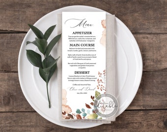 Wedding Menu Template, Menu Card Template, Editable Wedding Menu, Fall Menu Instant Download, Wedding Menu, INSTANT DOWNLOAD, 281W