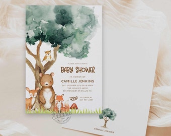 May include: A watercolor baby shower invitation with a woodland theme. The invitation features a brown bear, a fox, and a deer standing in front of a green tree. The text on the invitation reads "Please join us for a baby shower in honor of Camille Jenkins. Sat. October 23 3:30-6:00pm The Jenkins' Home 573 Mendoza St Dallas TX RSVP to Cindy at 231-951-2351"