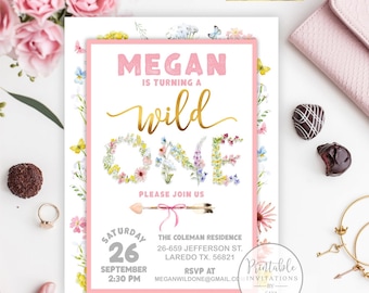 Wild One First Birthday Invitation, First Birthday, Wild one Birthday, Pink and Gold Wild One Party, Floral Girl Invitation, PRINTABLE