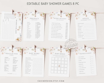 Könnte beinhalten: Acht druckbare Babyparty-Spielkarten mit Blumendesigns. Die Spiele beinhalten "What's in your purse?", "Pregnancy Candy Match", "Mommy or Daddy?", "Advice for Mommy to Be", "Baby Word Scramble", "Baby Bingo" und "The Price is Right".
