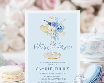 Blue Petals and Prosecco Bridal Shower Invitation, Blue Floral Wedding Shower Invite, Brunch and Bubbly Invitation Garden Bridal Shower 0263