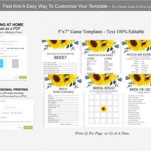Sunflower Bridal Shower Games, Editable Bridal Shower Games, Sunflower ...